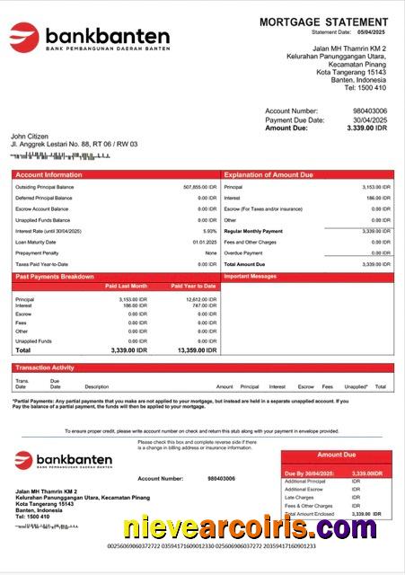 Indonesia Bank Banten mortgage statement Word and PDF template